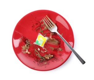 Dirty plate with dishwasher detergent pod isolated on white, top view