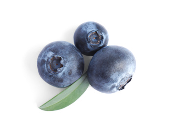 Photo of Fresh ripe blueberries on white background, top view