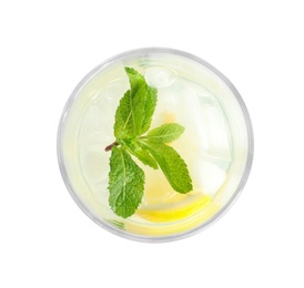 Photo of Glass with natural lemonade on white background, top view