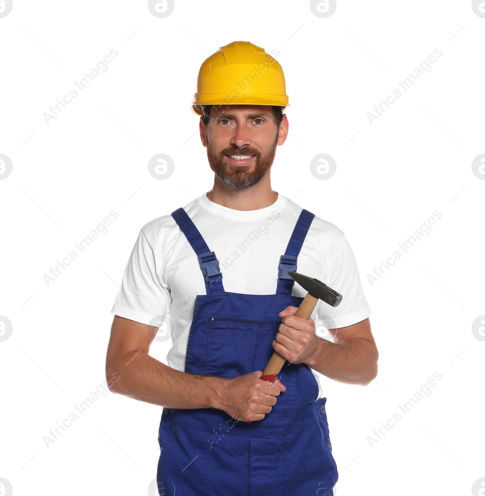 Photo of Professional builder in uniform with hammer isolated on white