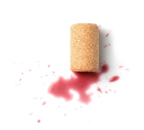 Photo of Bottle cork with wine stains isolated on white, top view