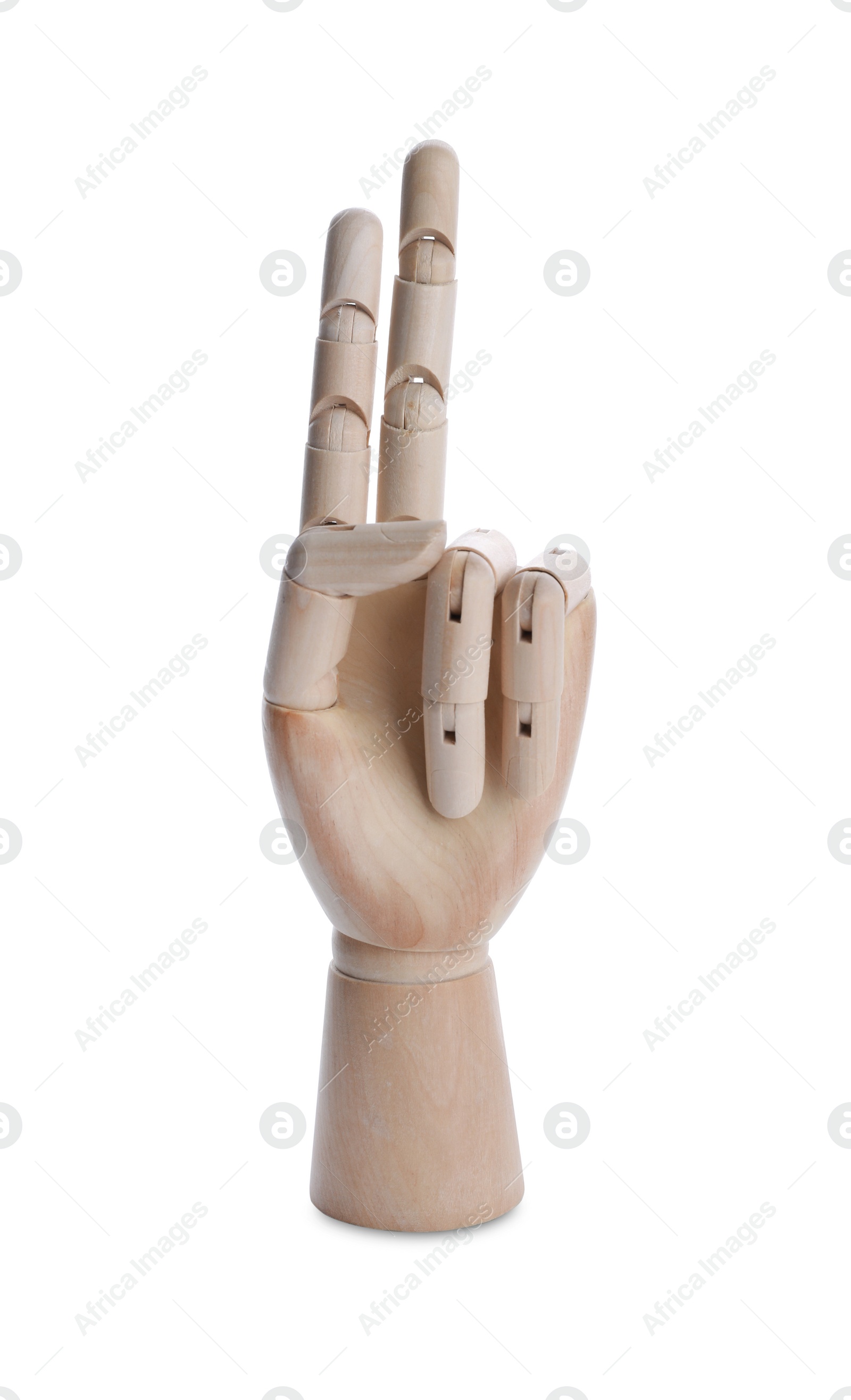 Photo of Wooden hand model on white background. Mannequin part