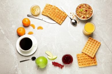 Fresh healthy breakfast on light grey marble table, flat lay. Space for text