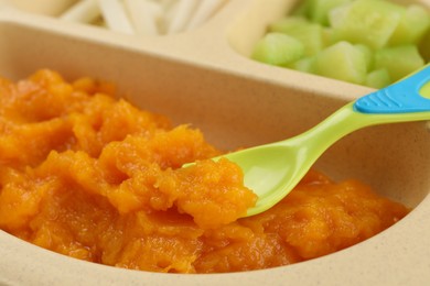 Photo of Healthy baby food. Section plate with delicious pumpkin puree, closeup