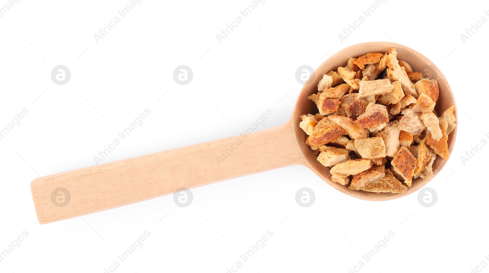 Photo of Spoon with dried orange zest seasoning isolated on white, top view