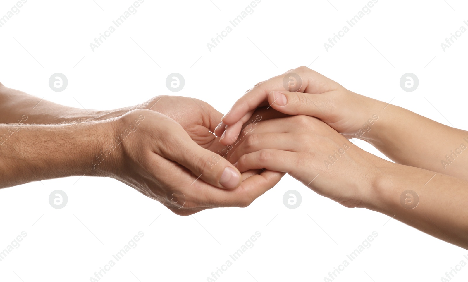 Photo of Man and woman holding hands on white background, closeup. Help and support concept