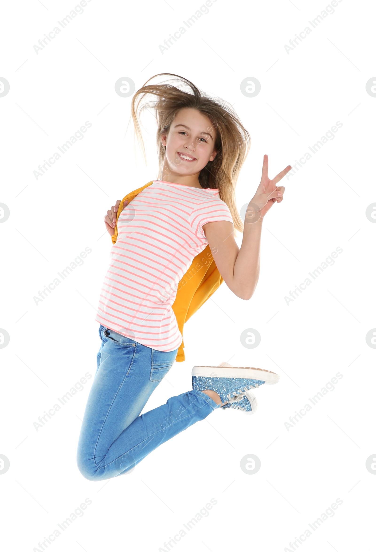 Photo of Teenager girl in casual clothes on white background
