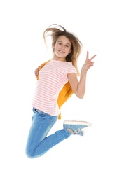 Photo of Teenager girl in casual clothes on white background