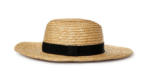 Photo of Stylish straw hat isolated on white. Beach accessory