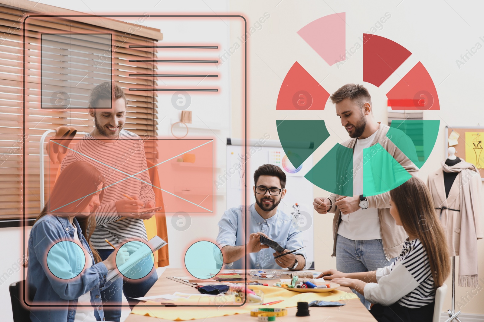 Image of Fashion designers creating new clothes in studio and illustration of colorful graphs. Double exposure