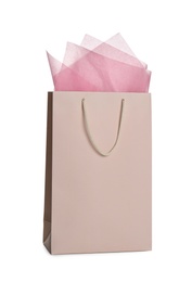 Photo of Gift bag with paper on white background