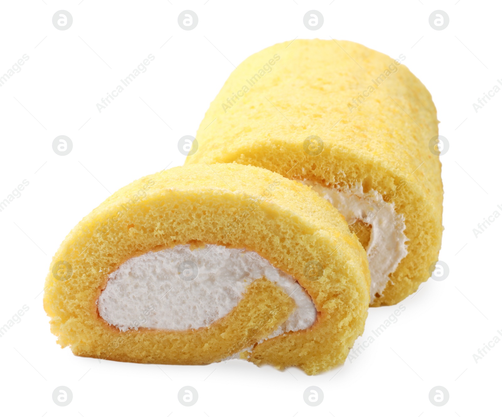 Photo of Cut delicious cake roll isolated on white