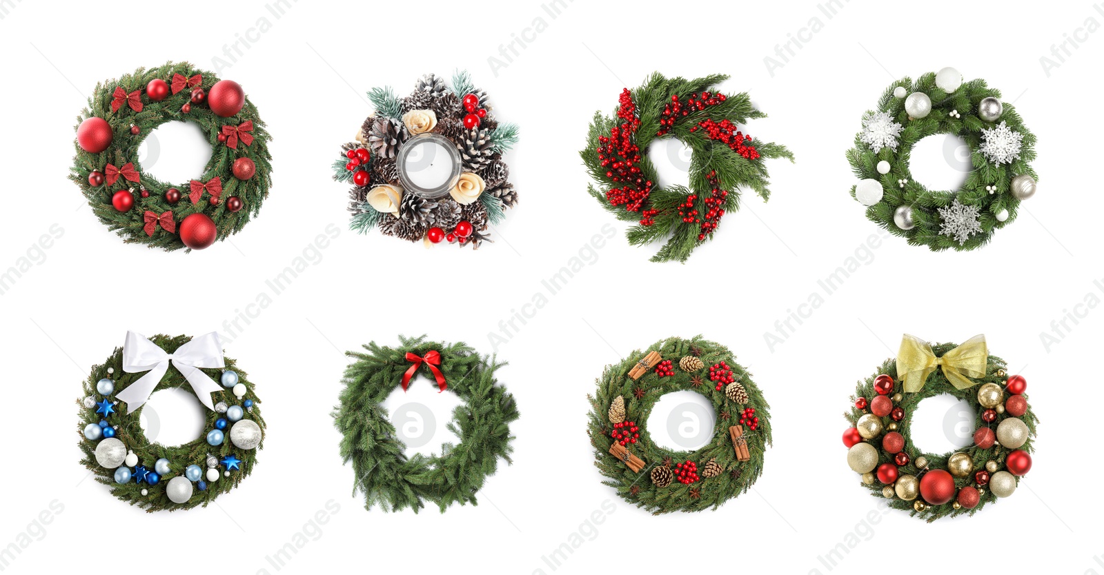 Image of Set with beautiful Christmas wreaths on white background, banner design