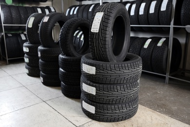 Photo of Car tires in automobile service center
