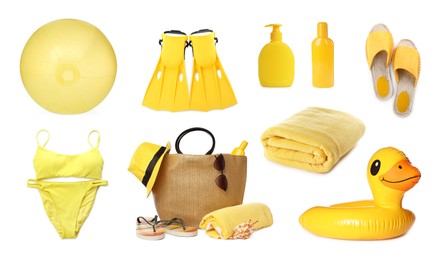 Image of Set with stylish beach bag and other accessories on white background. Banner design 