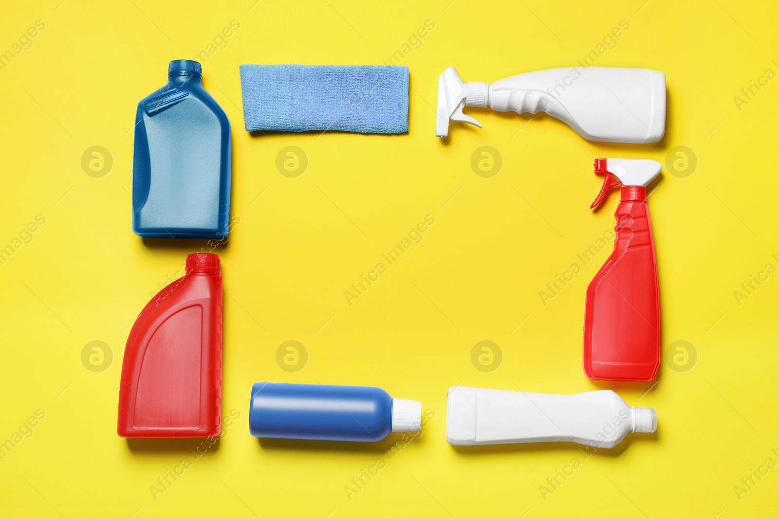 Photo of Different car products on yellow background, flat lay. Space for text