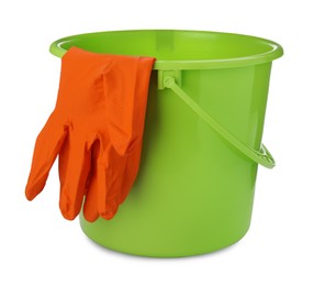 Photo of Green bucket with gloves for cleaning isolated on white