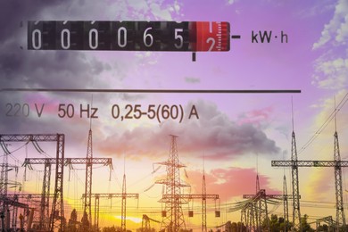 Image of Double exposure of electricity meter and electrical substation