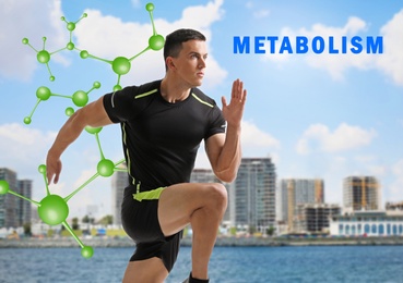 Metabolism concept. Molecular chain illustration and athletic young man running near sea on sunny day
