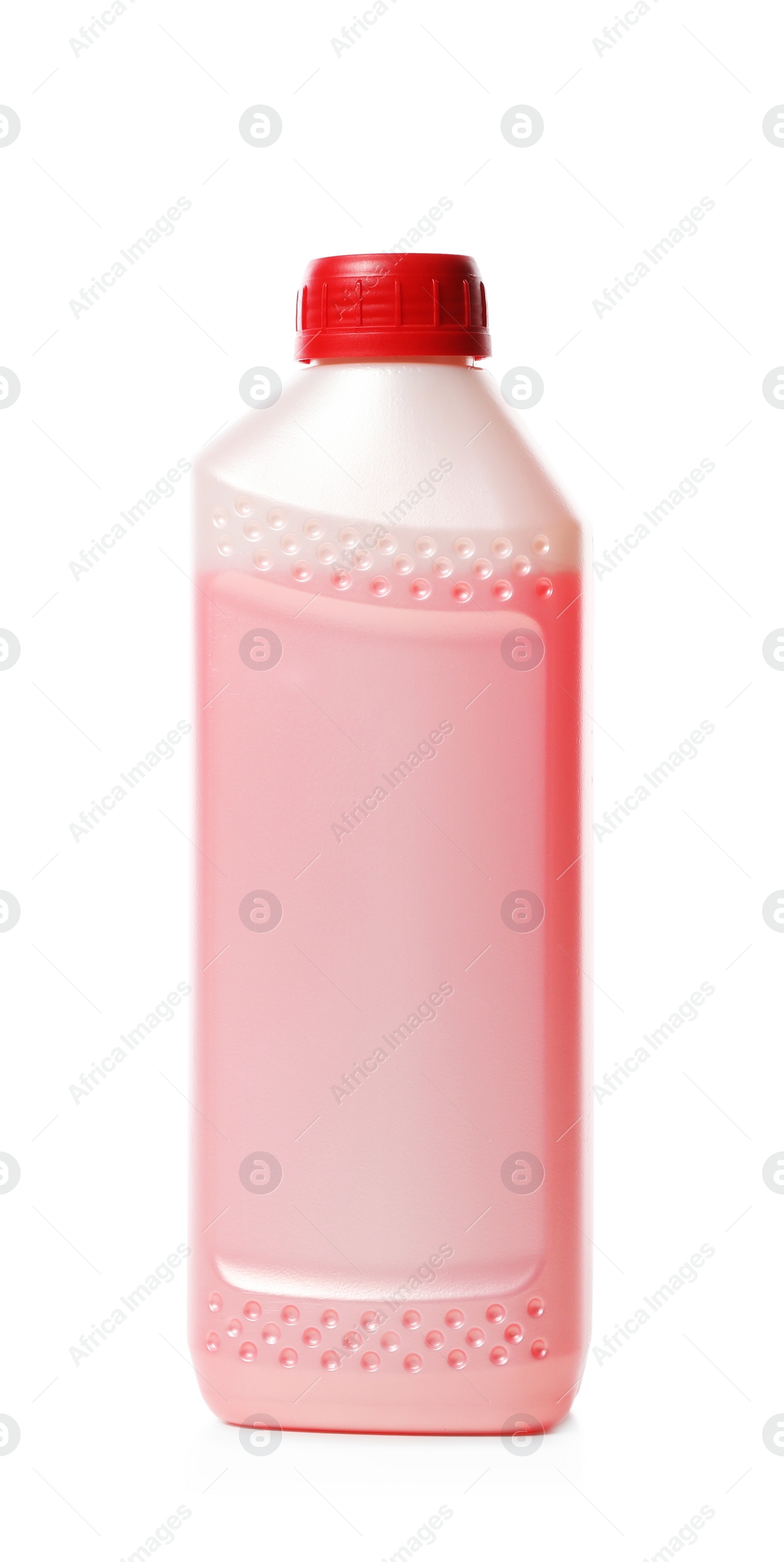 Photo of Antifreeze in plastic bottle isolated on white