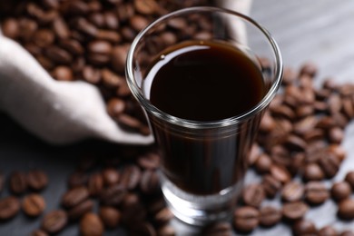 Shot glass of coffee liqueur and beans on grey table, closeup