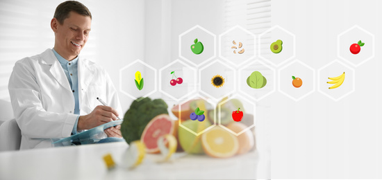 Image of Nutritionist's recommendations. Doctor working at desk in office, banner design