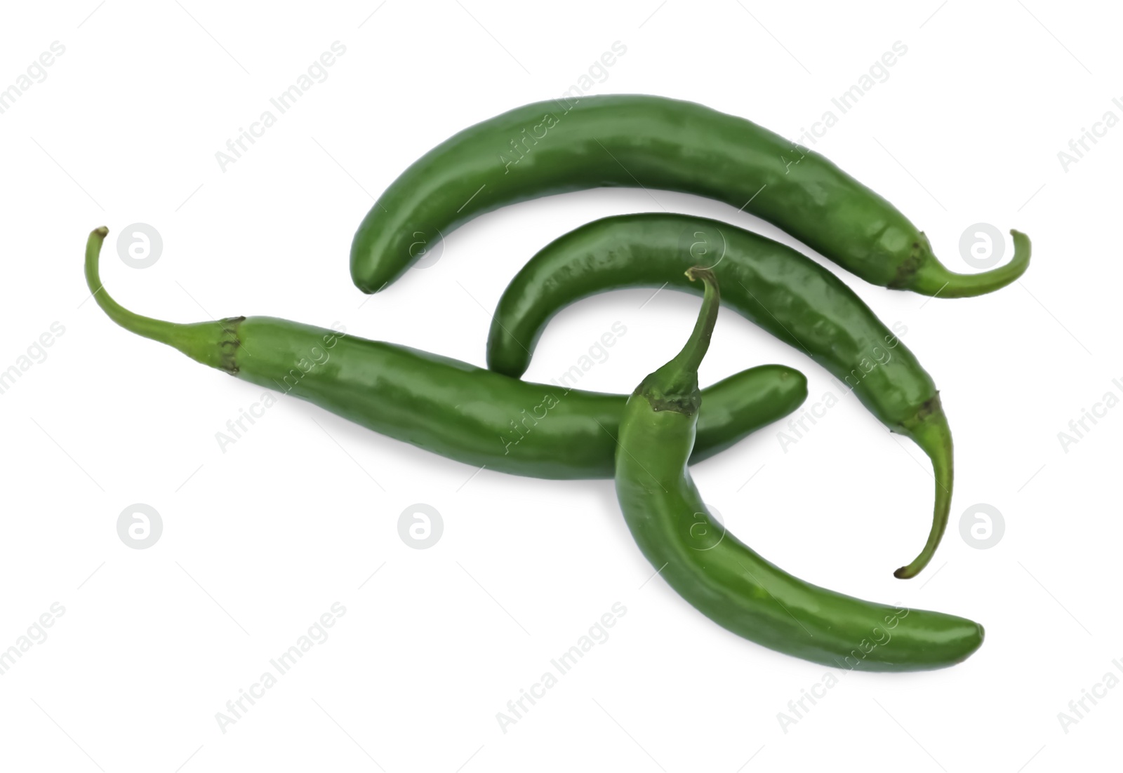 Photo of Green hot chili peppers on white background, top view