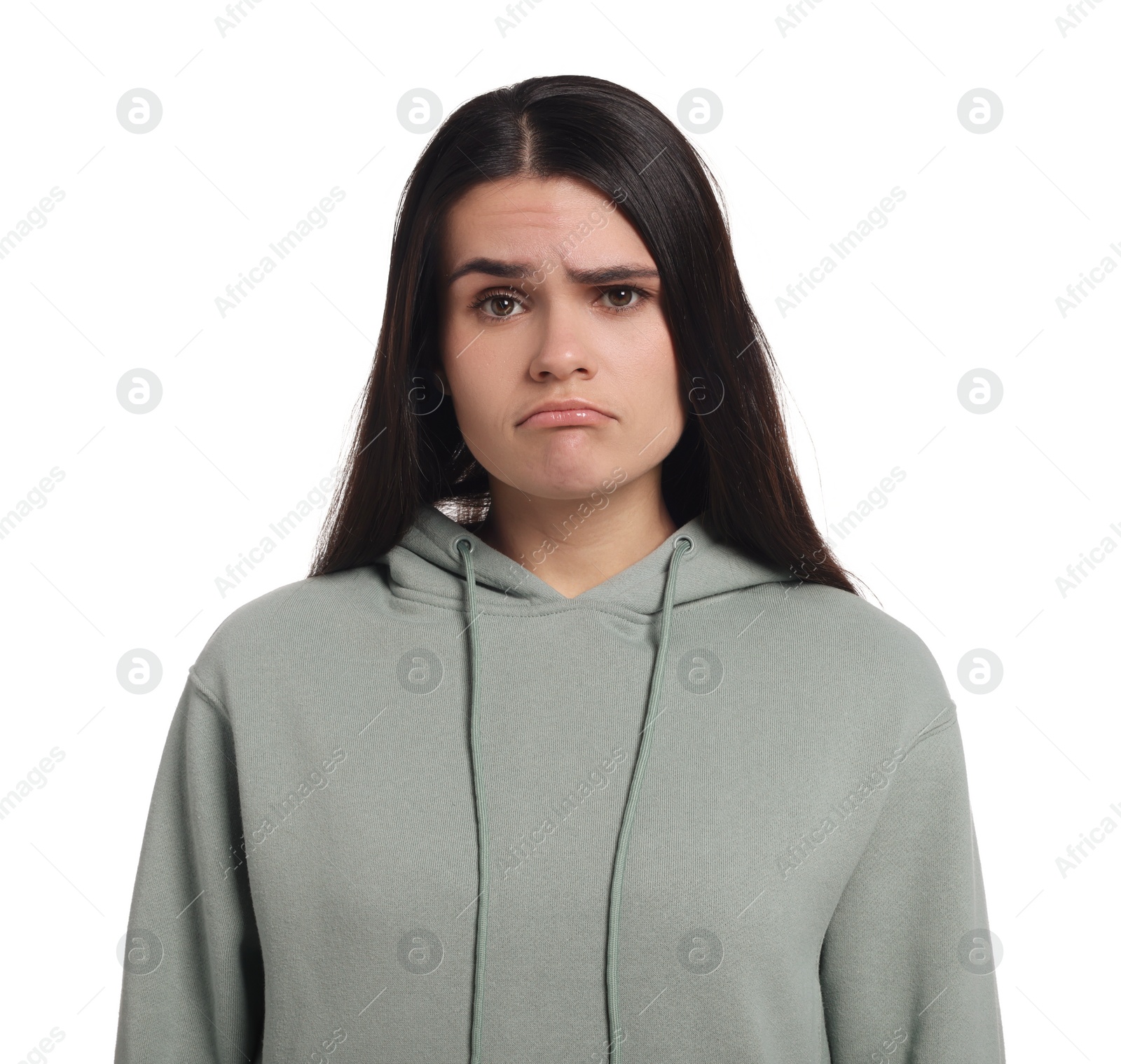 Photo of Sadness. Unhappy woman in hoodie on white background