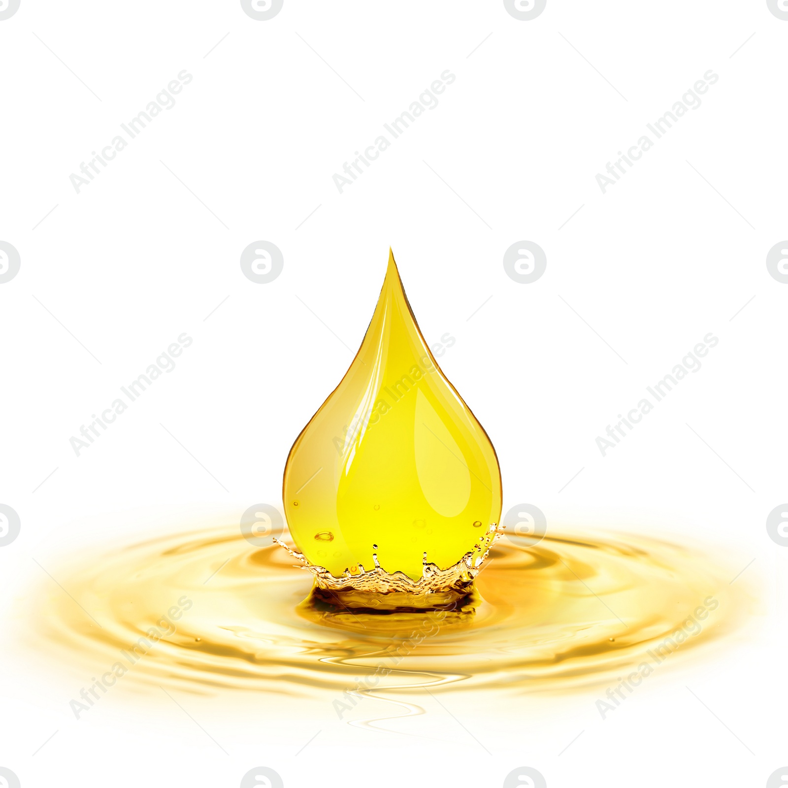 Image of Drop of cooking oil falling into oil on white background