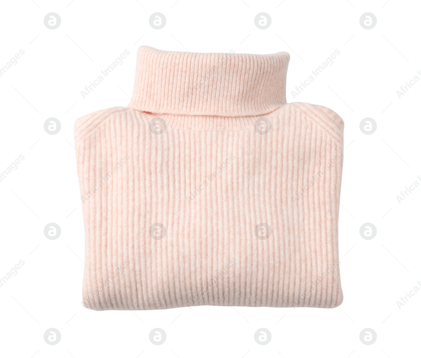 Photo of Folded pink turtleneck sweater isolated on white, top view