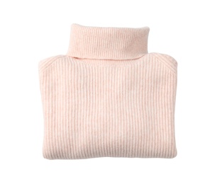 Folded pink turtleneck sweater isolated on white, top view