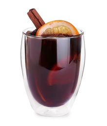 Photo of Aromatic mulled wine in glass isolated on white