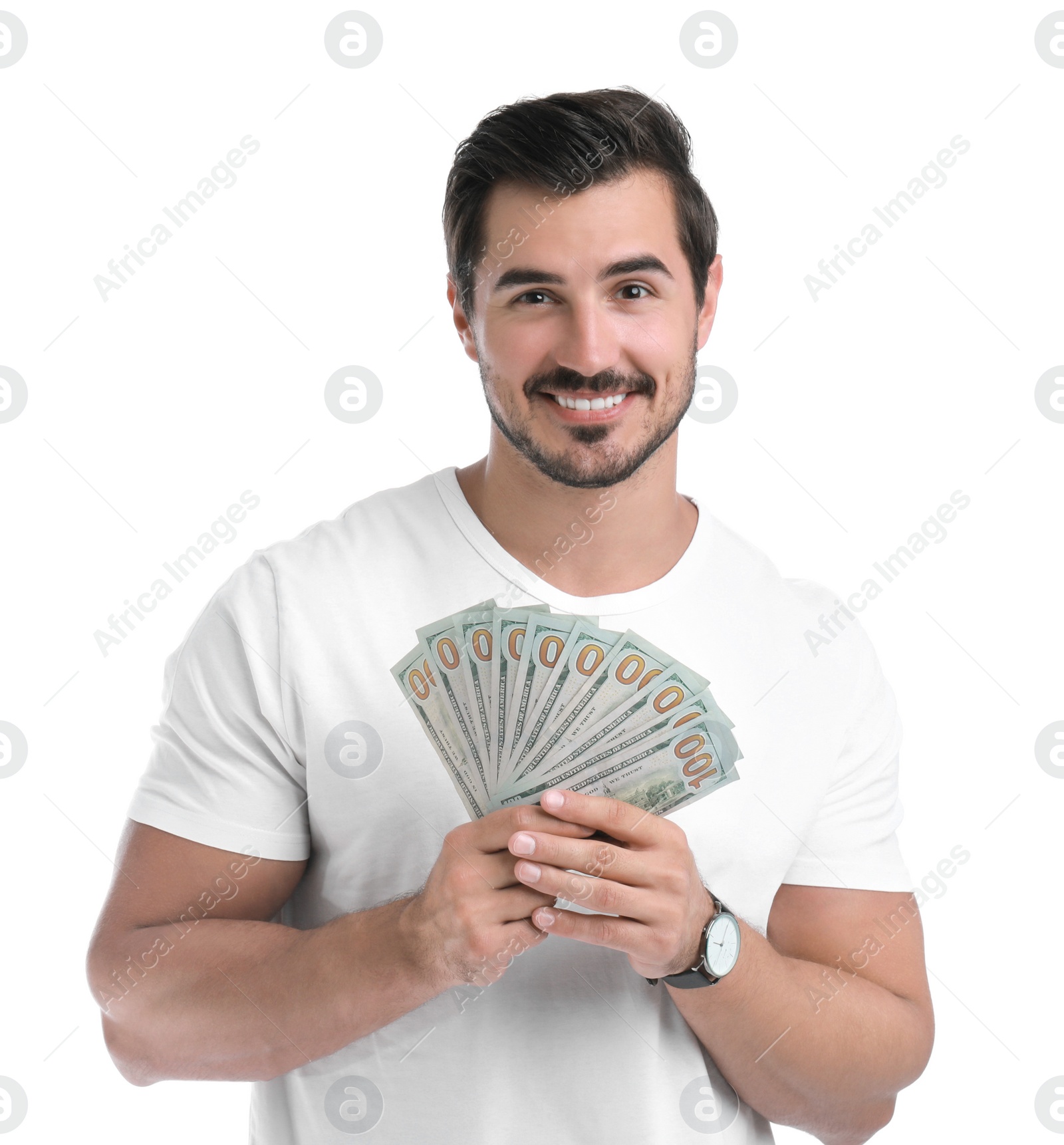 Photo of Handsome young man with dollars on white background