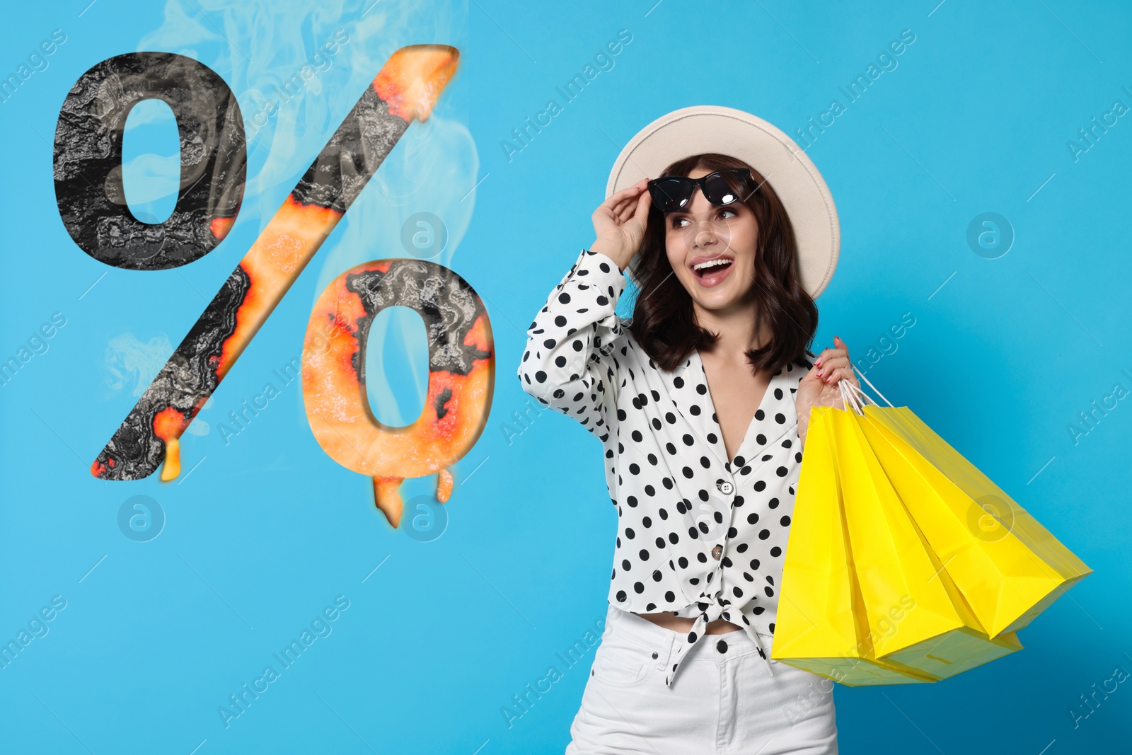 Image of Discount offer. Happy woman with paper shopping bags looking at illustration of scorching percent sign on light blue background