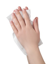 Photo of Woman wiping hands with paper towel on white background, closeup