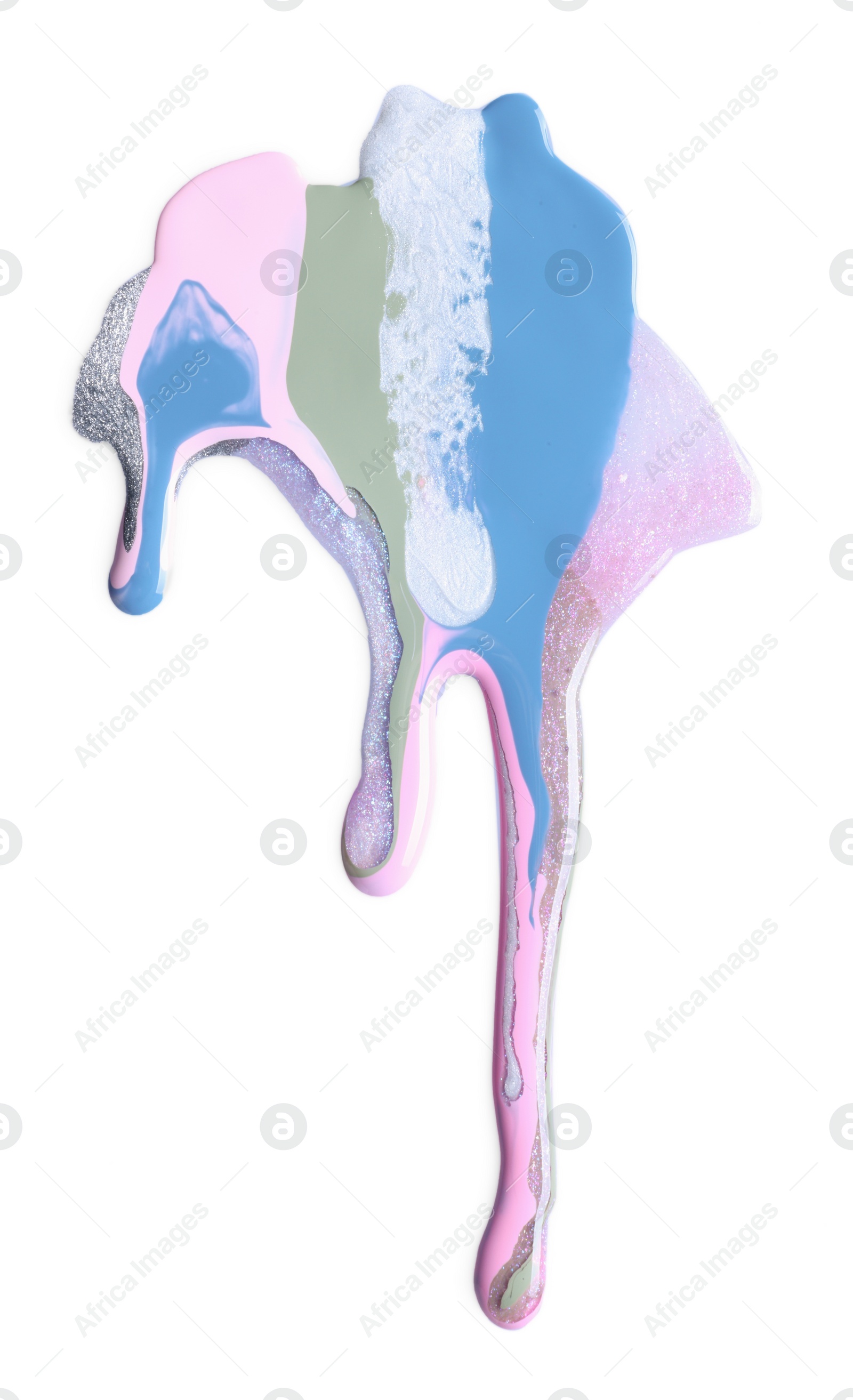 Photo of Mixed different color nail polishes flowing on white background