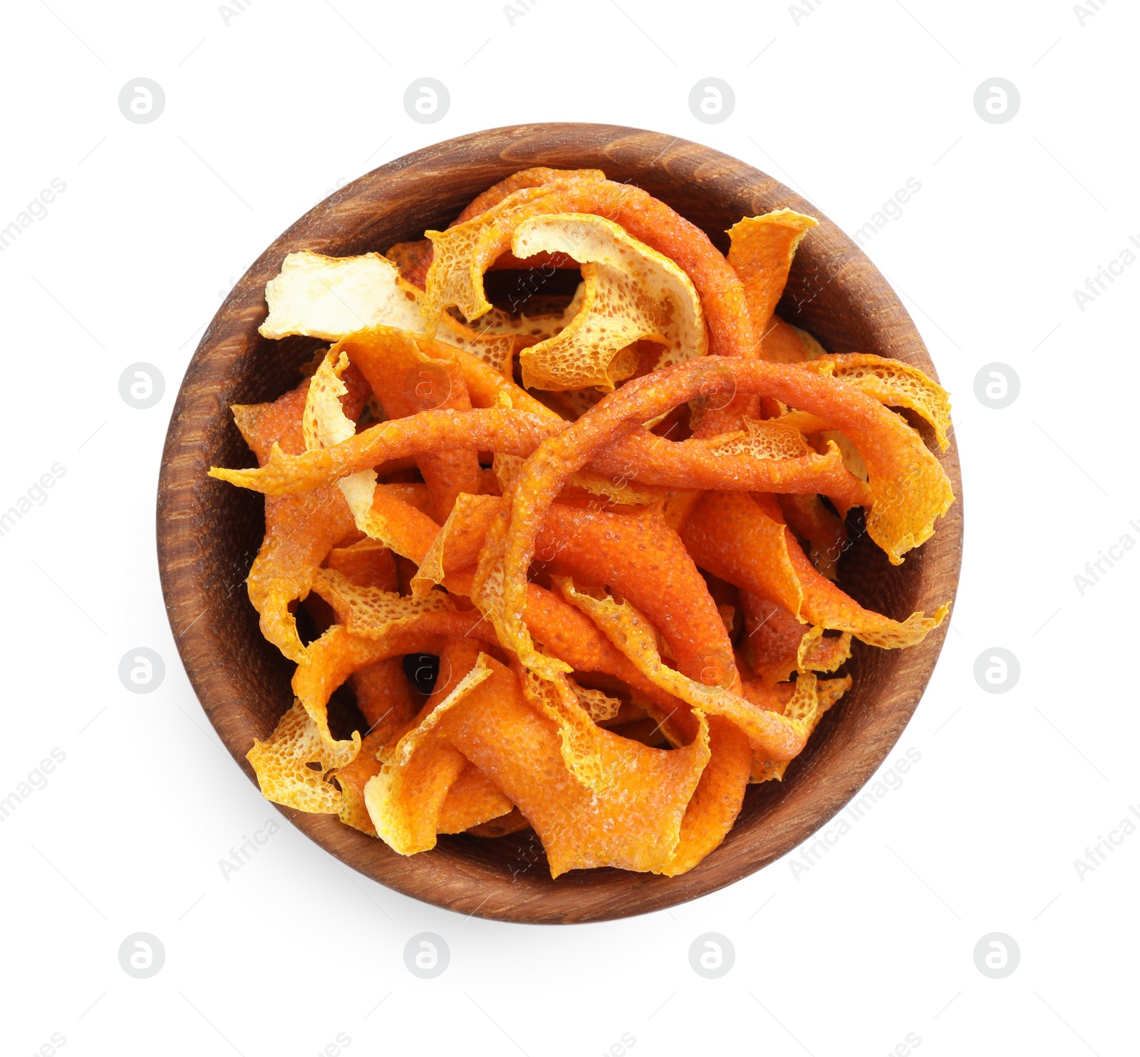 Photo of Dry orange peels in wooden bowl isolated on white, top view