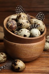 Photo of Speckled quail eggs and feathers on wooden table, closeup