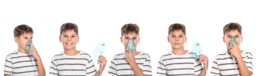 Image of Inhalation therapy. Collage with photos of boy using nebulizer on white background