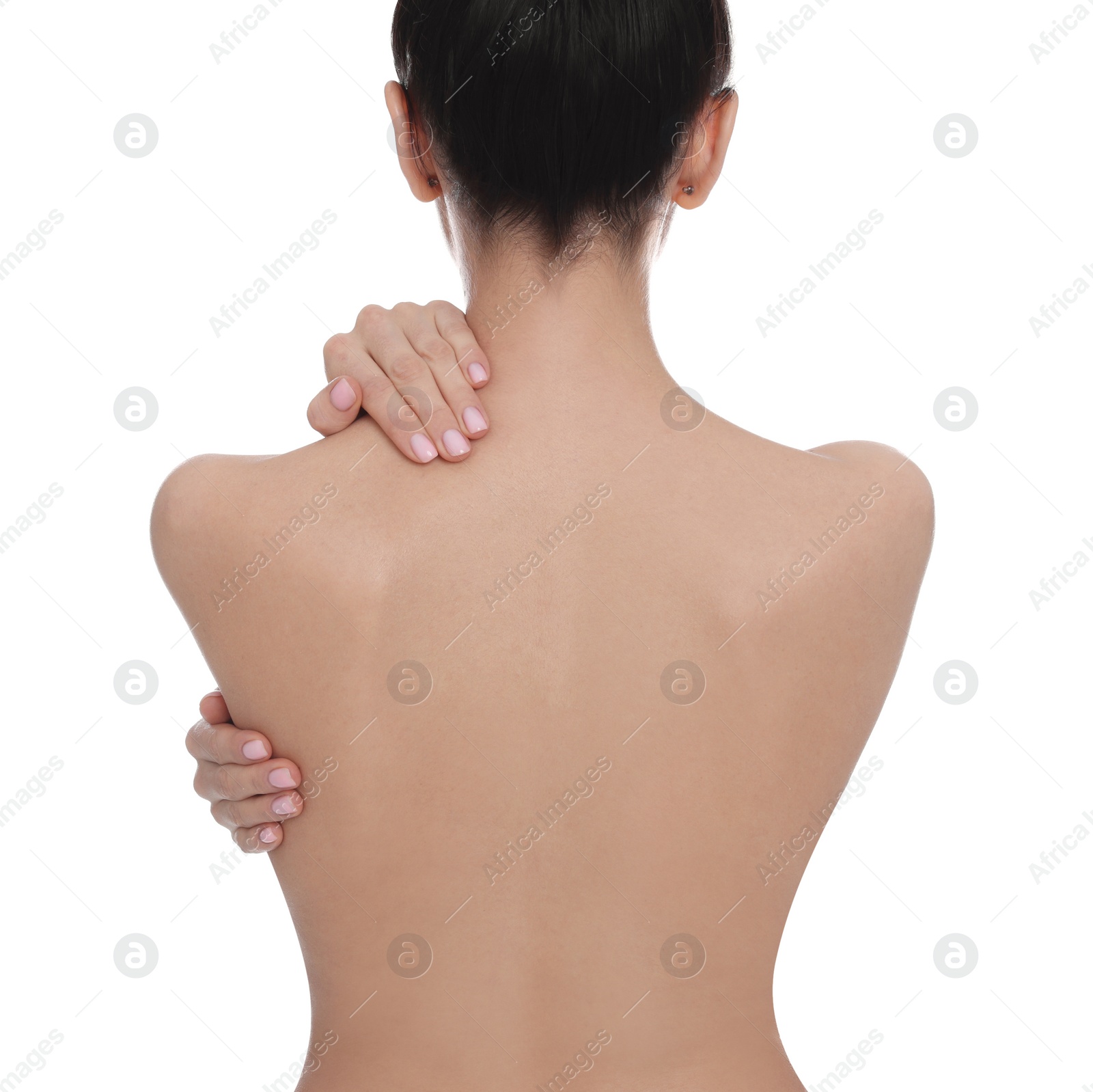 Photo of Back view of woman with perfect smooth skin on white background, closeup