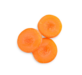 Photo of Slices of fresh ripe carrot isolated on white, top view