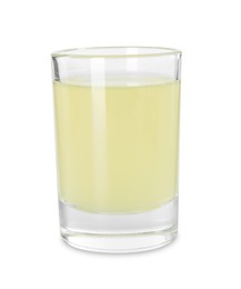 Photo of Shot glass with tasty limoncello liqueur isolated on white