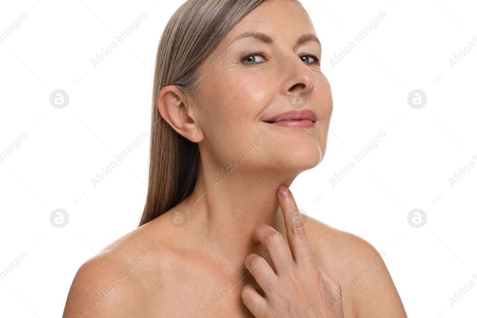 Photo of Beautiful woman touching her neck on white background