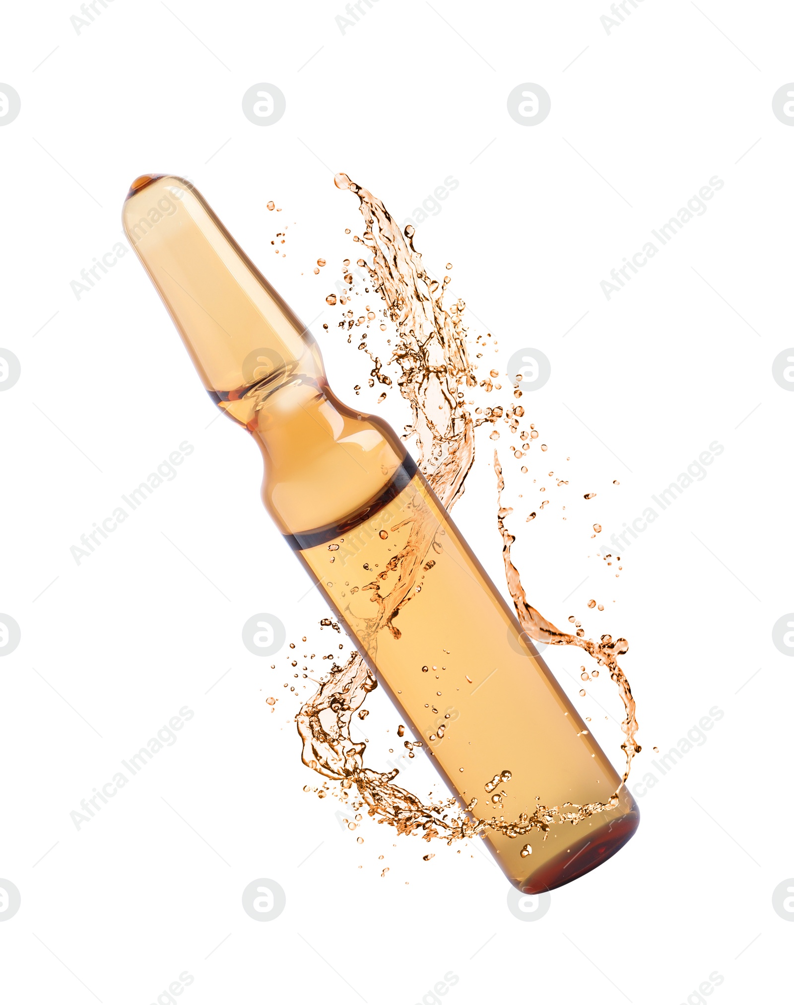 Image of Glass ampoule with pharmaceutical product and splash of liquid on white background