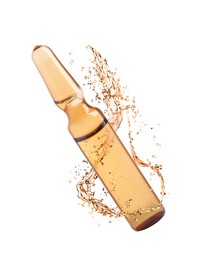 Image of Glass ampoule with pharmaceutical product and splash of liquid on white background