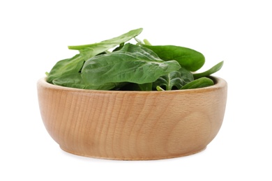 Bowl of spinach leaves isolated on white