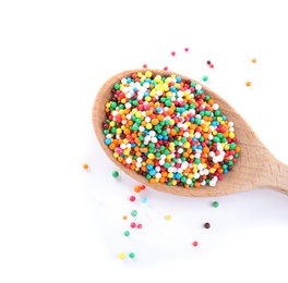 Photo of Colorful sprinkles in spoon on white background. Confectionery decor