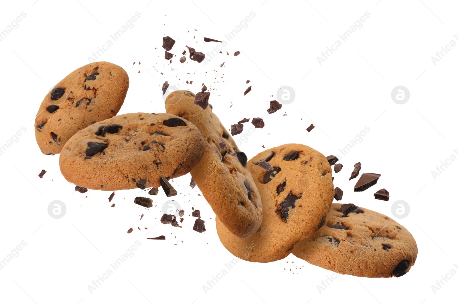 Image of Tasty chocolate chip cookies falling on white background