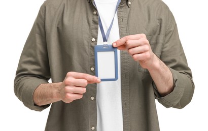 Photo of Man showing empty badge on white background, closeup