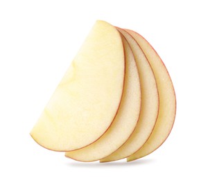 Photo of Slices of juicy apple on white background